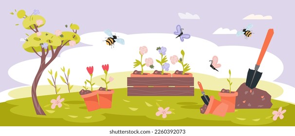 Spring or summer garden landscape horizontal background, flat vector illustration. Seasonal gardening backdrop and summer and spring design with no people.