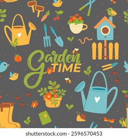 Spring, summer gardening-themed pattern with tools, plants, and nature elements in vector style: perfect for fabric, textiles, wallpaper, decor, print, or packaging of products