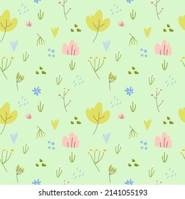 
Frühlingssommer sanftes Muster mit Blumenelementen und Pflanzen. Für Drucke auf allem. Papier, Typografie, Kinderarbeit. Regentropfen, Blumen, Botanik.