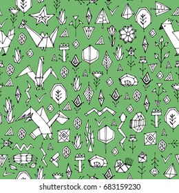 Spring Summer geometric seamless pattern with animals Pelican birds gulls and plants, black contours decorative contemporary elements Stylized origami. Green white print, trendy backdrop. Vector