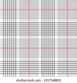 Spring and summer glen plaid pattern vector background. Seamless hounds tooth tartan check plaid in grey, pink, and white for dress, jacket, coat, skirt, bag, or other modern fashion clothing print.