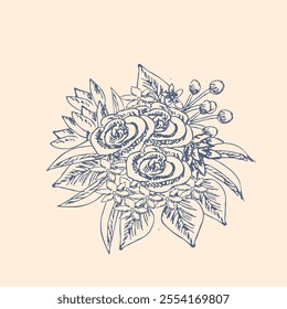 Spring or summer graphic ink bouquet. Hand drawn outline sketch of roses. Pencil drawing art.