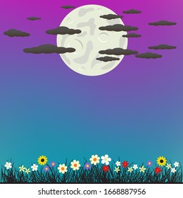 Spring or summer grass and flowers on night moon background. Beautiful nature evening or morning meadow
