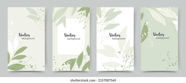 Spring summer green background templates with minimal plants and leaves.Vector illustration for mobile applications, advertisements, banners, covers, greeting card, social media posts and stories