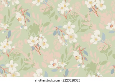 Spring summer green delicate seamless pattern with blooming apple tree or sakura.