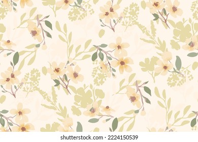 Spring summer green delicate seamless pattern with blooming apple tree or sakura.