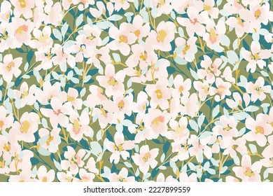 Spring summer green delicate seamless pattern with blooming apple tree or sakura.