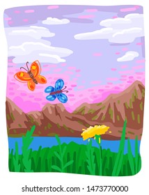 Spring or summer, green plants and dandelion, butterflies and mountains. Sloppy drawing, vivid illustration of a landscape on a journey. Uneven frame. Vector flat cartoon drawing.