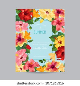 Spring and Summer Greeting Card with Frame. Floral Design with Red Hibiscus Flowers for Weding Invitation, Postcard, Party, Banner, Flyer. Vector illustration