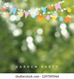 Spring or summer greeting card, invitation. String of lights, bunting flags and cherry blossoms. Modern blurred background. Birthday garden party decoration. Spring concept. Vector illustration.