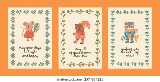 Spring summer greeting cards with cute woodland animals and flowers collection. Poster set with botanical elements and forest characters. Vector illustration. Cottagecore.