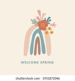 Spring, summer greeting cards, invitations. Hand drawn pastel rainbow with colorful flowers. Modern minimalist vector drawing, wall art. Birthday greeting card, invitation. Poster or web banner.