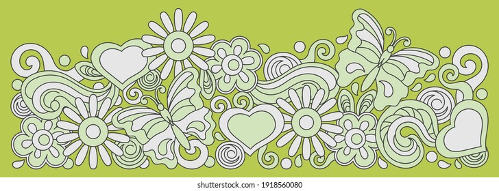 Fondo de doodle de primavera o verano dibujado a mano . Flores, mariposas, corazón. Patrón vectorial romántico