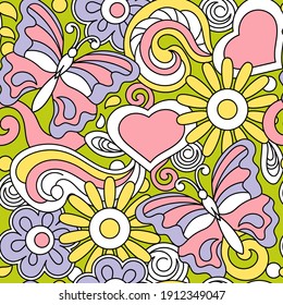 Spring or summer hand-drawn doodle seamless background . Flowers, butterflies, heart. Seasonal vector elements, cartoon backdrop.