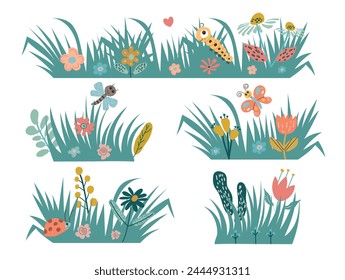 Spring and summer herbal set with insects. Vector illustration. Flat style.