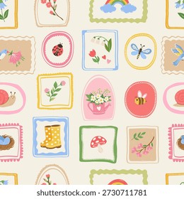 Spring summer holiday doodle hand drawn seamless pattern. Flowers, rabbit, snail, dragonfly, heart, butterfly, birds, sun, birdhouse.  Vector illustration.