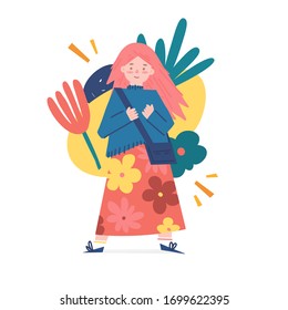 Spring and summer illustration concept with cartoon people characters. Modern background with cute flowers, leaves and abstract shape. Art for banner and t shirt. Vector.