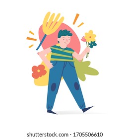 Spring and summer illustration concept with cartoon people characters. Modern background with cute flowers, leaves and abstract shape. Art for banner and t shirt. Vector.