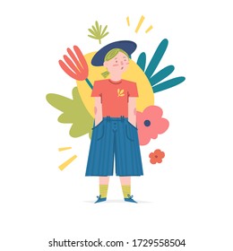 Concepto de ilustración de primavera y verano con personajes de dibujos animados. Fondo moderno con flores tiernas, hojas y forma abstracta. Arte para pancartas y camisetas. Vector.