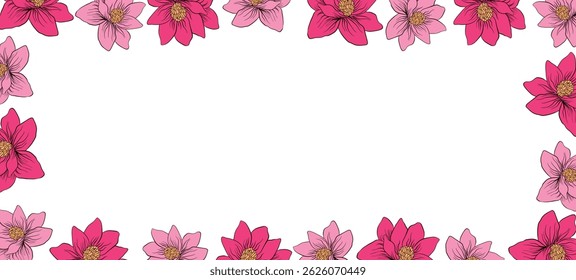 Spring, summer illustration with flowers. Happy birthday, holiday, celebration greeting and invitation card. Colorful floral banner, frame. Modern floral compositions. Copy space.