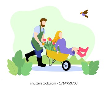 Spring and Summer Illustration on the theme of Planting Plants, Gardening and Landscaping Works. The Guy Rides a Girl on a Wheelbarrow. Modern Flat Design. 
