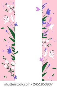 Spring or summer invitation card design. Floral vector illustration with a vertical white space for text, set on a pink background, concept of spring