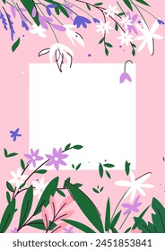 Spring or summer invitation card design. A floral frame with space for text, featuring stylized flowers and leaves, vector illustration on a pink background, concept for spring