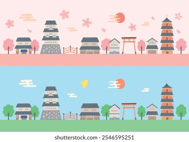 Spring and summer Japanese style buildings hand drawn illustration set