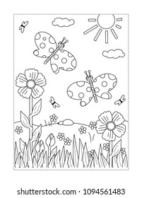 Spring Or Summer Joy Themed Coloring Page With Butterflies, Flowers, Grass.