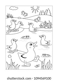 Spring or summer joy themed coloring page with ducklings at the pond.