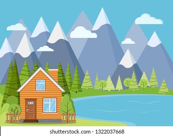 Spring or summer lake landscape scene: wooden rural farm house with chimney, attic, green trees, spruces, clouds, mountains, sky, grass in flat cartoon style. Summer vector background illustration.