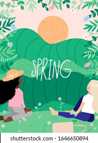 Spring or summer landscape background with people outdoor activities, hand drawn doodle vector illustration of nature