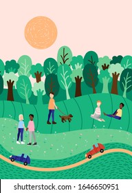 Spring or summer landscape background with people outdoor activities, hand drawn doodle vector illustration of nature