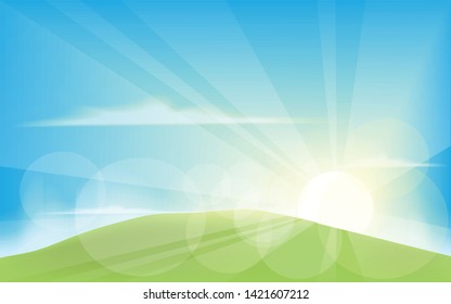 spring summer landscape background with sunrise and blue sky background,vector art and illustration.nature concept.