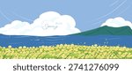Spring and Summer landscape background vector set. Nature wallpaper of flower field with blue sky and sea  illustration for cover, wall art, decoration.