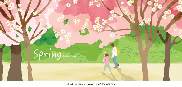 Spring and Summer landscape background vector set. Nature wallpaper of flower field with blue sky and sea  illustration for cover, wall art, decoration.