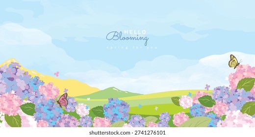 Spring and Summer landscape background vector set. Nature wallpaper of flower field with blue sky  illustration for cover, wall art, decoration.