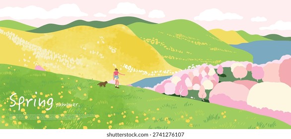 Spring and Summer landscape background vector set. Nature wallpaper of flower field with blue sky  illustration for cover, wall art, decoration.