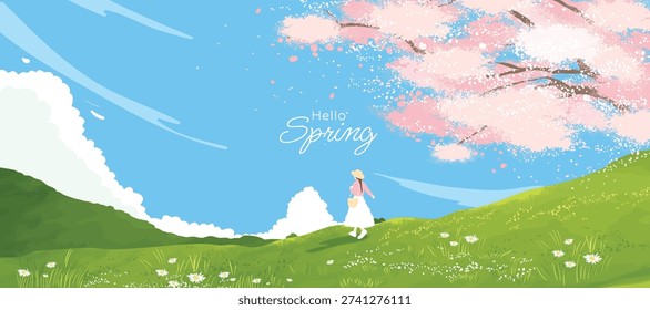 Spring and Summer landscape background vector set. Nature wallpaper of flower field with blue sky  illustration for cover, wall art, decoration.