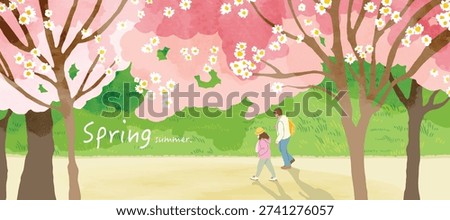 Spring and Summer landscape background vector set. Nature wallpaper of flower field with blue sky and sea  illustration for cover, wall art, decoration.