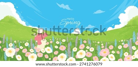 Spring and Summer landscape background vector set. Nature wallpaper of flower field with blue sky  illustration for cover, wall art, decoration.
