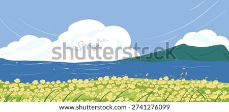 Spring and Summer landscape background vector set. Nature wallpaper of flower field with blue sky and sea  illustration for cover, wall art, decoration.