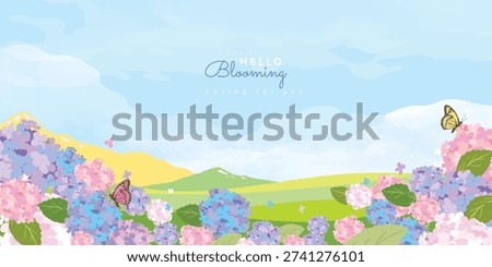 Spring and Summer landscape background vector set. Nature wallpaper of flower field with blue sky  illustration for cover, wall art, decoration.