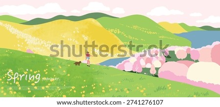 Spring and Summer landscape background vector set. Nature wallpaper of flower field with blue sky  illustration for cover, wall art, decoration.