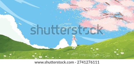 Spring and Summer landscape background vector set. Nature wallpaper of flower field with blue sky  illustration for cover, wall art, decoration.