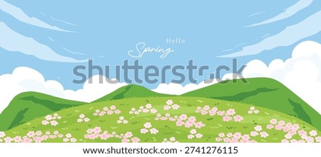 Spring and Summer landscape background vector set. Nature wallpaper of flower field with blue sky  illustration for cover, wall art, decoration.