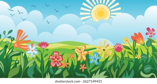 Spring summer landscape, blooming meadow and green hills, blue sky and sun, vector illustration