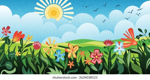 Spring summer landscape, blooming meadow and green hills, blue sky and sun, noisy stippled grainy texture, vector illustration