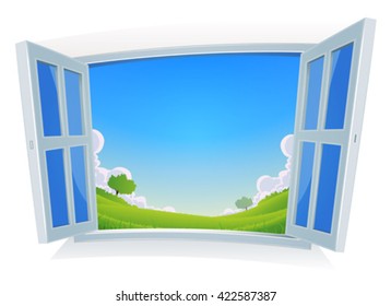 Spring Or Summer Landscape By The Window/
Illustration of a spring or summer season landscape, seen from home by opened windows with blue sky background