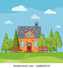 Spring or summer landscape with cartoon brick farm house with fences, green trees, spruces, fields, clouds in flat style. Summer scene vector background illustration.